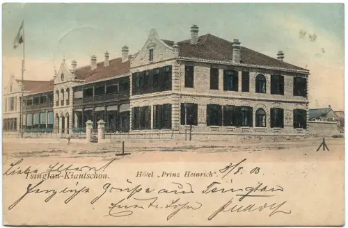 Kiautschou 1903 Farbige AK Hotel Prinz Heinrich in Tsingtau nach Essen / 214