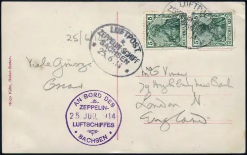 Zeppelin 1914 Dt. Reich LZ 17 Sachsen Foto-AK Beide Stempel England Si 8 a/ 2197