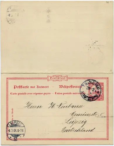 Kiautschou 1906 Doppel-Postkarte P 4 kpl. Tsingtau a Arge 10a Leipzig / 222