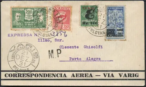 Brasilien 1931 VARIG Luftpost Express-Brief MiF V 25 Pelotas Porto Alegre / 1254