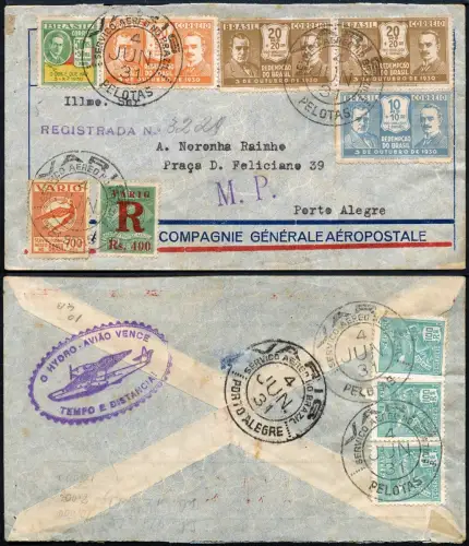 Brasilien 1931 VARIG Luftpost Reko-Brief MiF V 3 Pelotas Porto Alegre / 1387