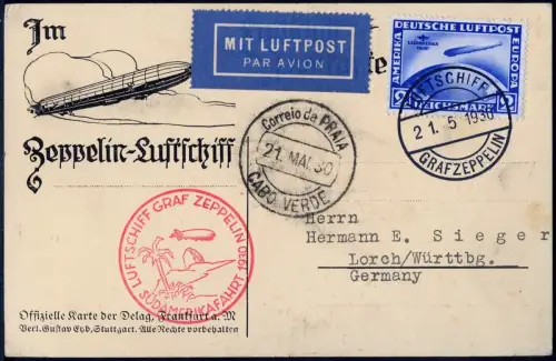 Zeppelin Dt. Reich 1930 SAF Bordpost 21.5.30 2 RM Abwurf Praia AK Si 57 aa/ 1807