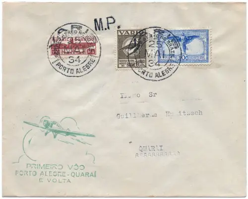 Brasilien 1934 First Flight Erstflug Brief Varig Porto Alegre - Quarai / 1336