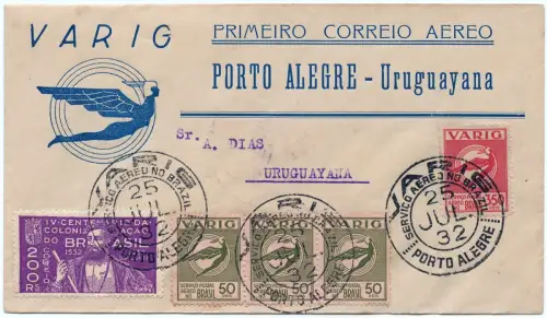 Brasilien 1932 First Flight Erstflug Varig Porto Alegre - Uruguayana Brief/1348