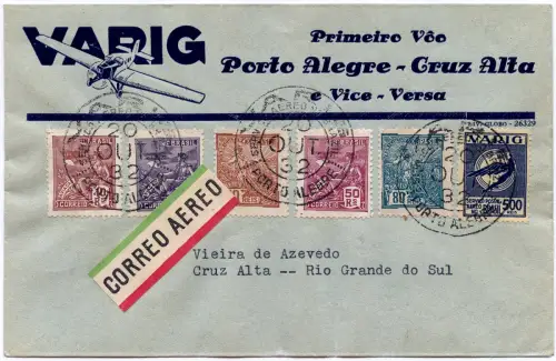Brasilien 1932 First Flight Erstflug Varig 20.10.32 Porto Alegre Cruz Alta/ 1282