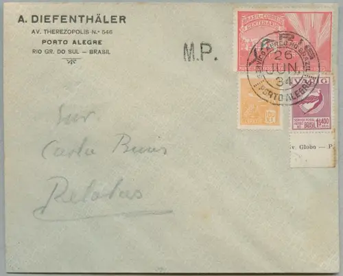 Brasilien 1934 VARIG Luftpost-Brief MiF V48 Porto Alegre nach Pelotas / 7