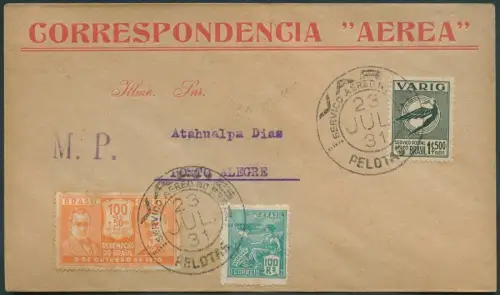 Brasilien 1931 VARIG Luftpost-Brief MiF V21 Pelotas nach Porto Alegre / 13