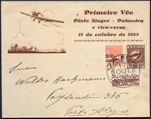 Brasilien 1933 VARIG First Flight Cover MiF V31 Porto Alegre - Palmeira / 246