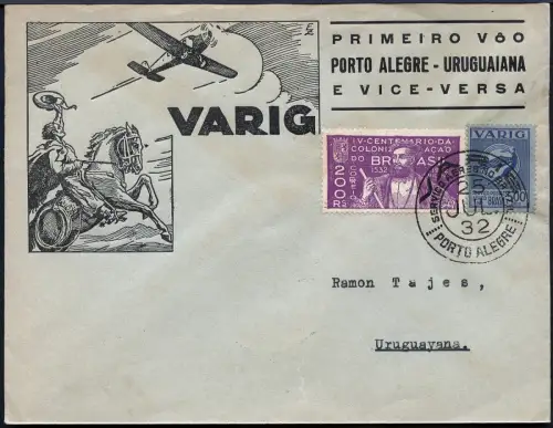 Brasilien 1932 VARIG First Flight Cover MiF V16 Porto Alegre - Uruguaiana / 248