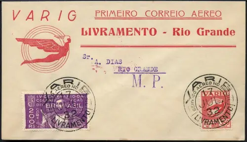 Brasilien 1932 VARIG First Flight Cover MiF V15 Livramento - Rio Grande / 242