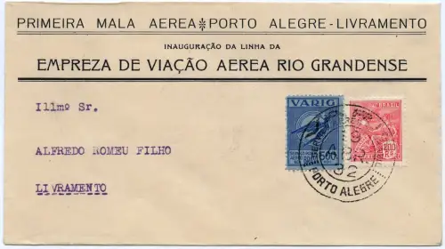Brasilien 1932 First Flight Erstflug Varig Porto Alegre - Livramento / 1345