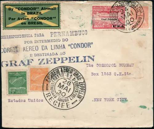 Zeppelin 1930 Brasilien SAF Brief MiF ZP 5 + Condor New York RAR Si 59 E / 2441