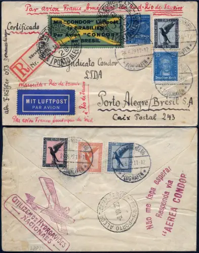 Dt. Reich 1929 Reko-Brief Flughafen Fürth Nürnberg MiF Condor Marseille Rio /611