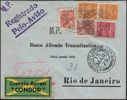 Brasilien 1929 Condor Reko-Brief MiF 3100 R Blumenau nach Rio de Janeiro / 26