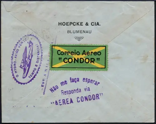 Brasilien 1929 Condor Reko-Brief MiF 3100 R Blumenau nach Rio de Janeiro / 26