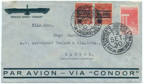 Brasilien 1930 Condor MiF C 14 Paar Brief  Rio de Janeiro Santos / 1269
