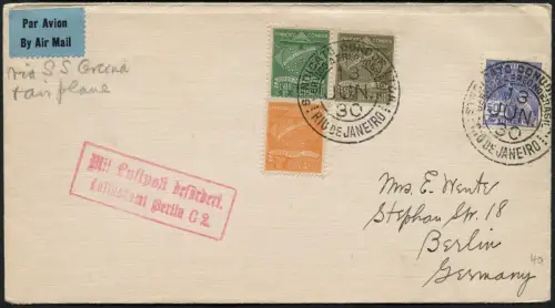 Brasilien 1930 Luftpost + Seepost Condor Cap Arcona aus Rio nach Berlin / 274