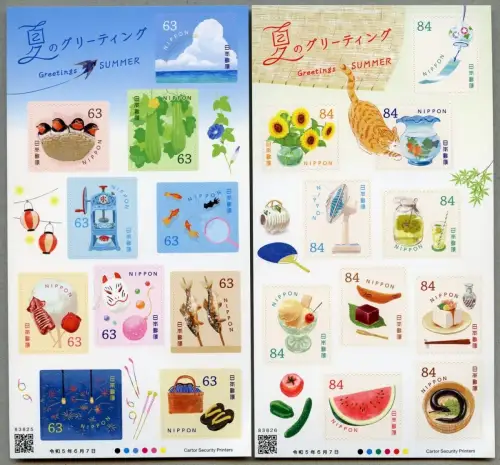 Japan 2023 Grußmarken Sommer Blumen Katze Essen Vögel Gurken Wolken Eis MNH