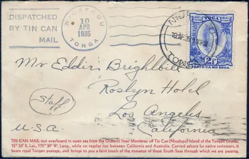 Tonga 1935 Tin Can Mail Blechdosenpost Brief Niuafo`ou Los Angeles USA / 693