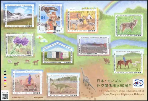 Japan 2022 Mongolei Diplomatische Beziehungen Pferd Fisch Dinosaurier Berge MNH