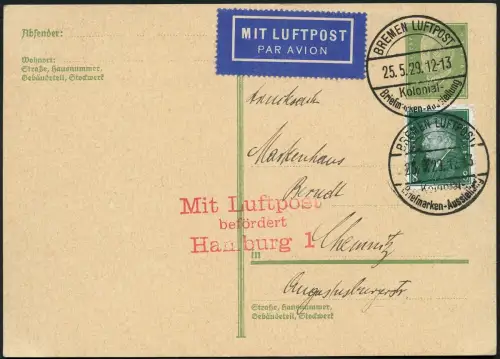  Dt. Reich 1929 Postkarte Luftpost Bremen Kolonial-Briefmarken-Ausstellung / 85