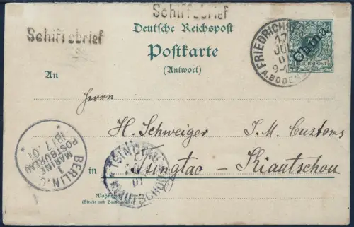 DP China 1901 Antwort-PK F´hafen Schiffsbrief Marinepostbüro Berlin Tsingtau/26