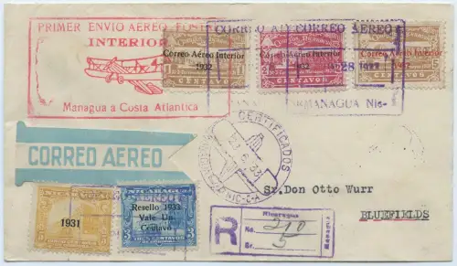 Nicaragua 1933 First Flight FFC Erstflugbrief Bluefields Top-Frankatur / 1464