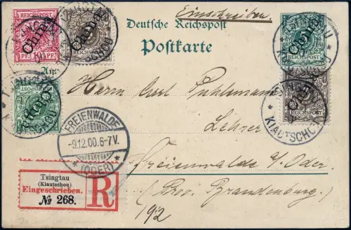 Kiautschou 1900 Reko-Ganzsache VP 1 II + V 1 - 3 II ZuF Tsingtau Freienwalde/270