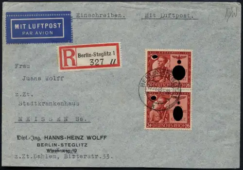 Dt. Reich 1943 Reko-Luftpost MeF 863 Paar Berlin nach Meissen / 351