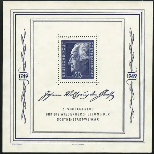 SBZ Sowjetische Zone 1949 Block 6 Johann Wolfgang von Goethe MNH M€ 220,00 