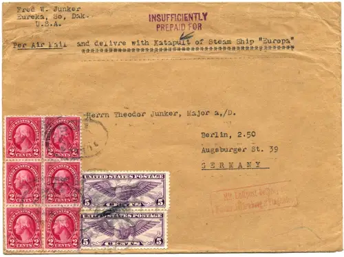 Katapult 1931 USA Brief Insufficiently Prepaid Frankreich Nürnberg-Fürth/1468