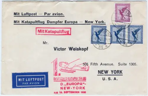 Katapult 1930 Dt. Reich Erstflug Dampfer Europa Berlin New York H 31 a / 1468