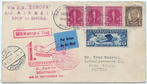 Katapult 1930 USA Brief NY Dampfer Europa Berlin Wien Catapult H 32 a / 1469