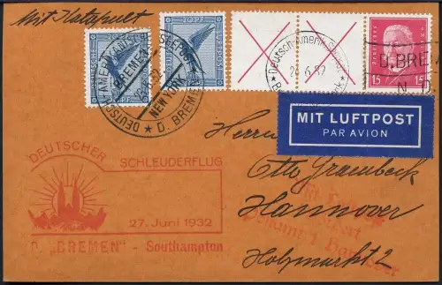 Katapult 1932 Dt. Reich Dampfer Bremen Seepostaufgabe Hannover 88c Catapult/634