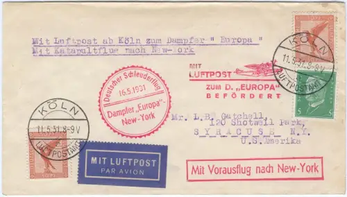 Katapult 1931 Dt. Reich Nachbringeflug Köln Syracuse USA Catapult H 41 c / 1471