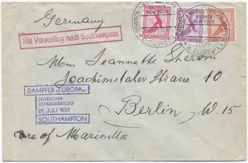 Katapult 1931 Dt. Reich Seepostaufgabe NDL-Brief Berlin Catapult H 60 c / 1472