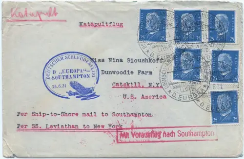 Katapult 1931 Dt. Reich Seepostaufgabe NDL-Brief RM 1,50 Catapult H 51 c/1473