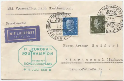 Katapult 1931 Dt. Reich Seepostaufgabe Brief Kieritzsch Catapult H 56 c / 1475