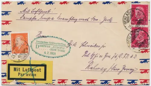 Katapult 1931 Dt. Reich Brief Landpost Schladen Rahway USA Catapult H 54 a/ 1476