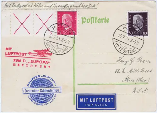 Katapult 1931 Dt. Reich Nachbringeflug Köln Akron USA Karte Catapult H 58 c/1477