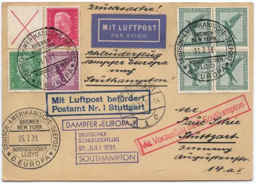 Katapult 1931 Dt. Reich Seepostaufgabe 26.7. + 31.7. PK Catapult H 60 c / 1478