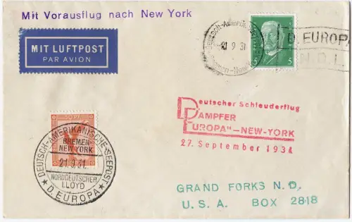 Katapult 1931 Dt. Reich Brief Seepost beide Stempel USA H 74 b Catapult / 1479
