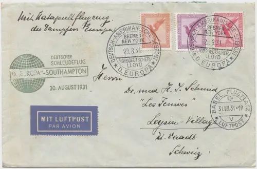 Katapult 1931 Dt. Reich Seepost Schweiz Flugpost Basel Catapult H 67 c/ 1480