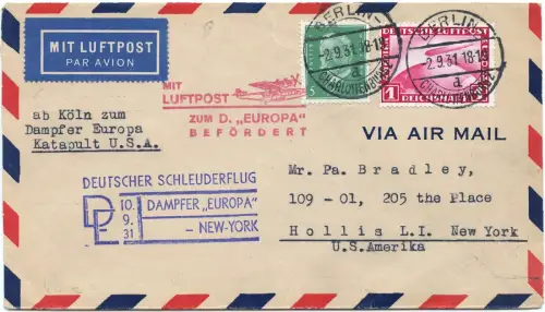 Katapult 1931 Dt. Reich Nachbringeflug Köln Hollies USA Catapult H 69 c / 1481