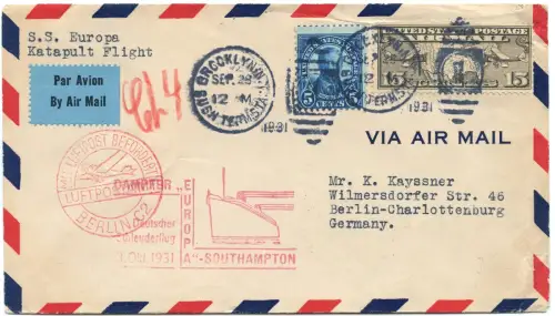 Katapult 1931 USA Brief New York Landpost Berlin Rohrpost Catapult H 75 a /1482