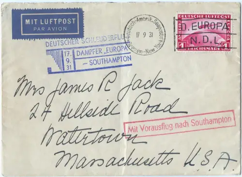 Katapult 1931 Dt. Reich Seepost Zeppelin-EF Watertown USA Catapult H 71 c / 1483