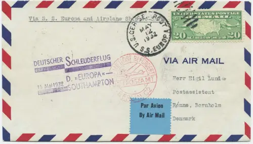 Katapult 1932 USA Brief Seepost Dänemark Ronne Kopenhagen Catapult H 78 b / 1486