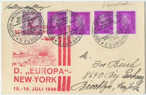 Katapult 1932 Dt. Reich Seepost Postkarte Brooklyn USA Catapult H 93 b / 1489
