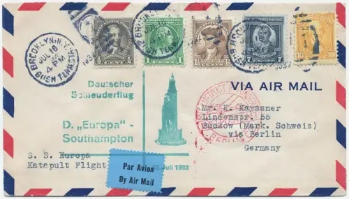 Katapult 1932 USA Brief Brooklyn Landpost Berlin Buckow Catapult H 94 a / 1490