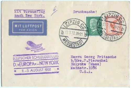 Katapult 1932 Dt. Reich Landpost Leipzig Messestadt USA Catapult H 97 a / 1491